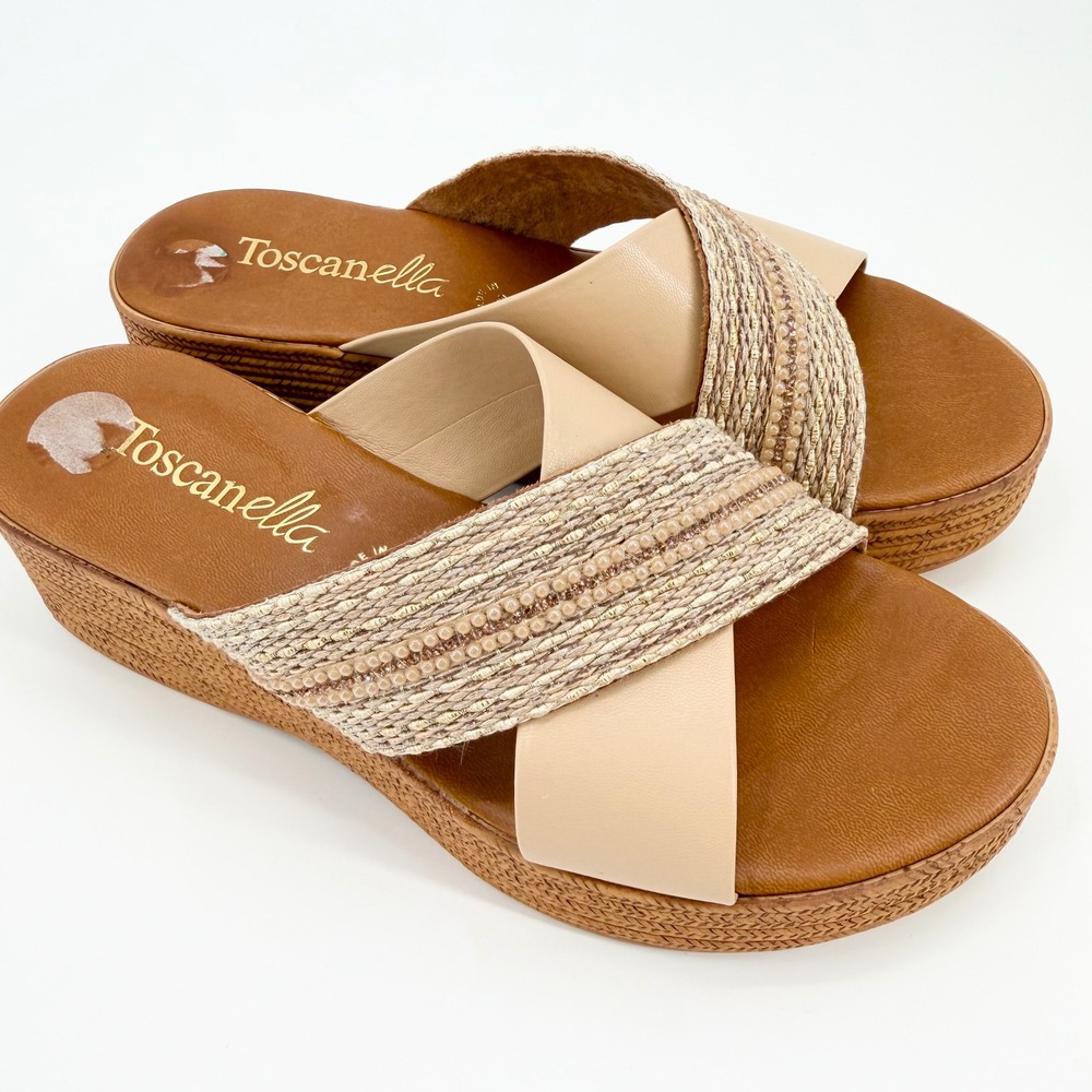 Toscanella Italy Womens Beige Leather Woven Beaded Platform Wedge Sandals Size 8